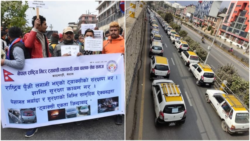 ट्याक्सी चालकहरु पनि सडकमा,आमहड्तालमा ट्याक्सी जलाइएको विरोध